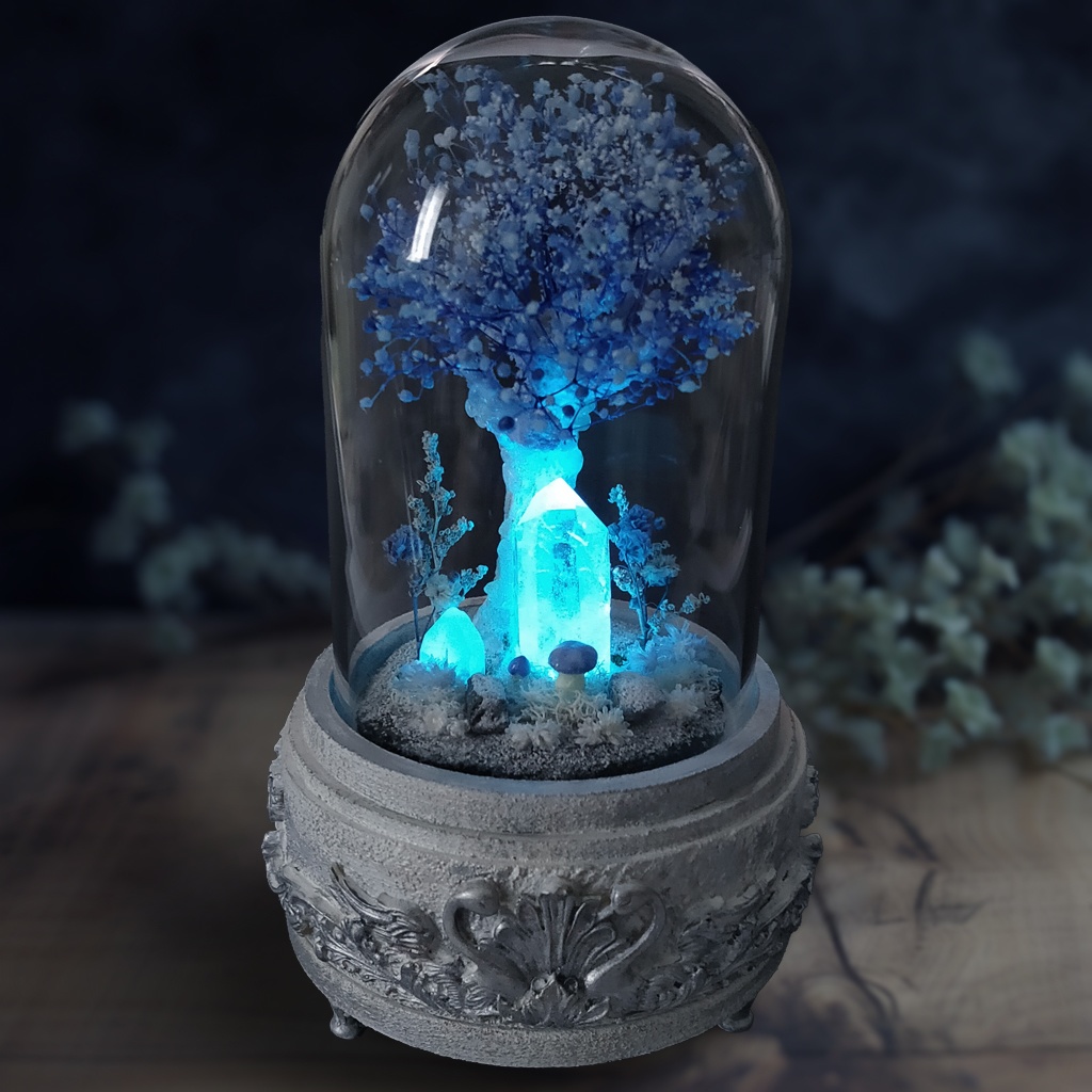 鉱物ランプ『結晶樹と青い花』中・水晶・リモコン切替点灯