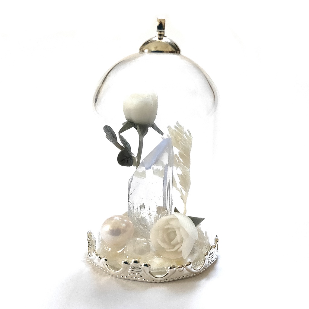 ガラスドームネックレス『パール×白』シルバー