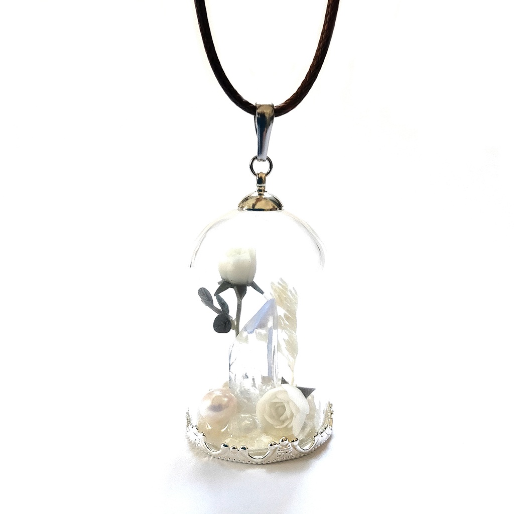 ガラスドームネックレス『パール×白』シルバー