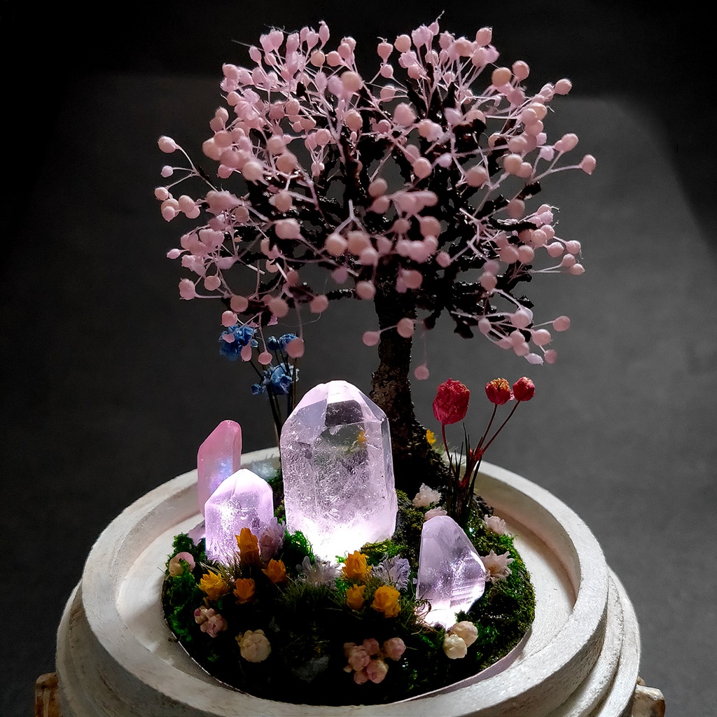 【期間限定・春】鉱物ランプ『結晶大地の春-桜の樹-』中・水晶・リモコン切替点灯