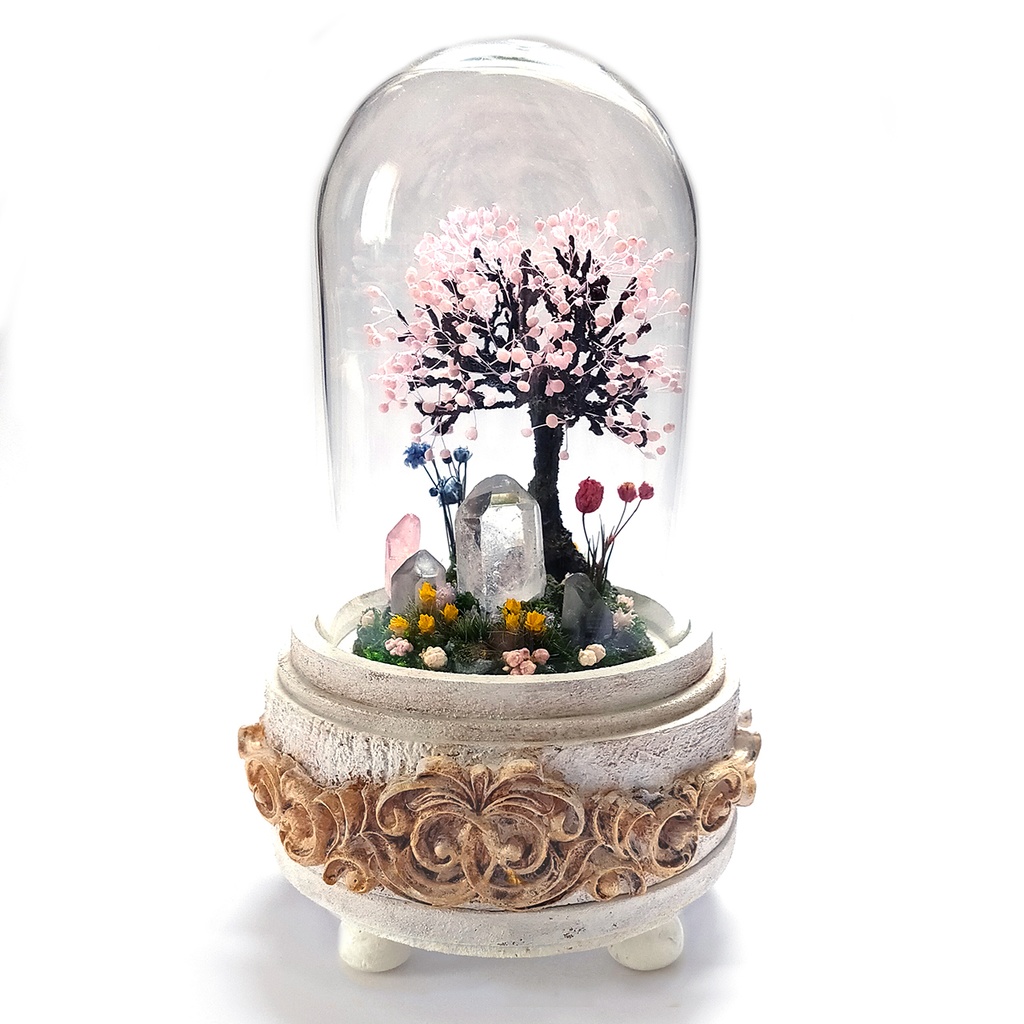 【期間限定・春】鉱物ランプ『結晶大地の春-桜の樹-』中・水晶・リモコン切替点灯