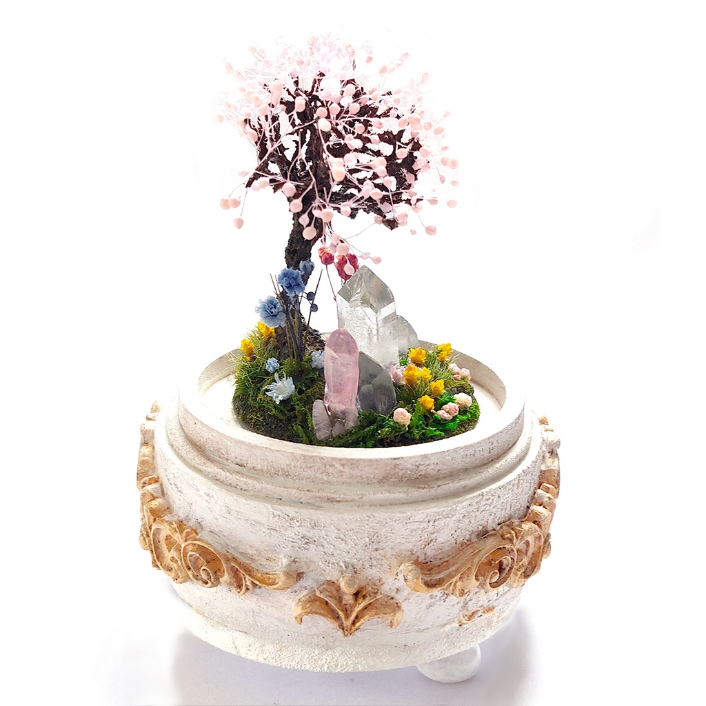 【期間限定・春】鉱物ランプ『結晶大地の春-桜の樹-』中・水晶・リモコン切替点灯