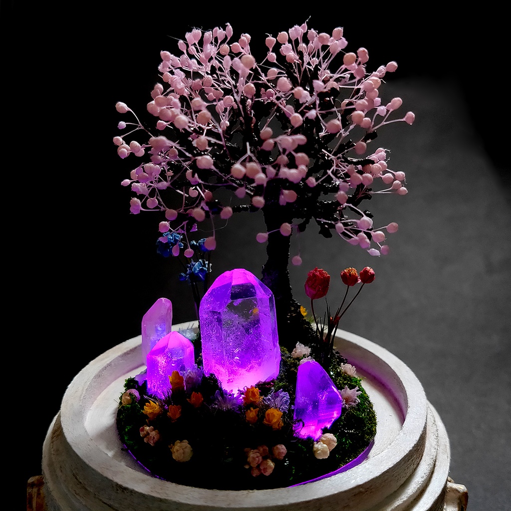 【期間限定・春】鉱物ランプ『結晶大地の春-桜の樹-』中・水晶・リモコン切替点灯
