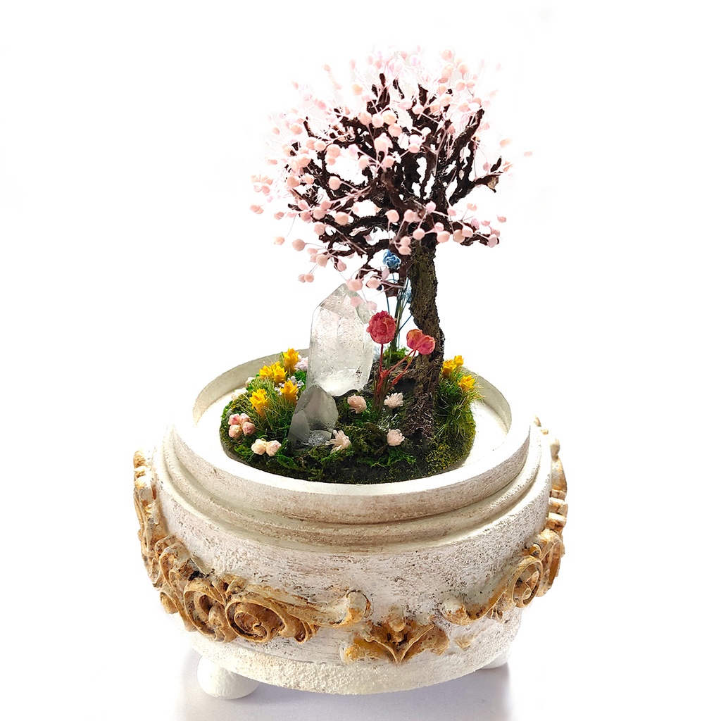 【期間限定・春】鉱物ランプ『結晶大地の春-桜の樹-』中・水晶・リモコン切替点灯
