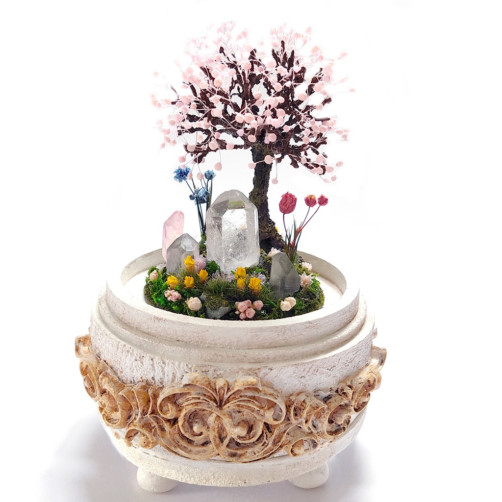【期間限定・春】鉱物ランプ『結晶大地の春-桜の樹-』中・水晶・リモコン切替点灯