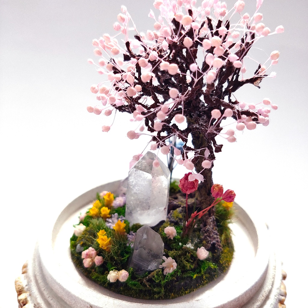 【期間限定・春】鉱物ランプ『結晶大地の春-桜の樹-』中・水晶・リモコン切替点灯