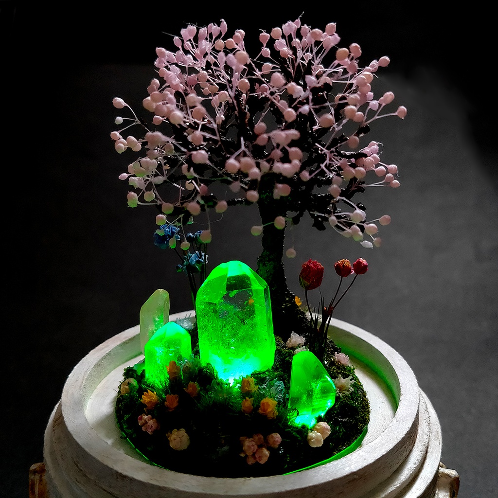 【期間限定・春】鉱物ランプ『結晶大地の春-桜の樹-』中・水晶・リモコン切替点灯