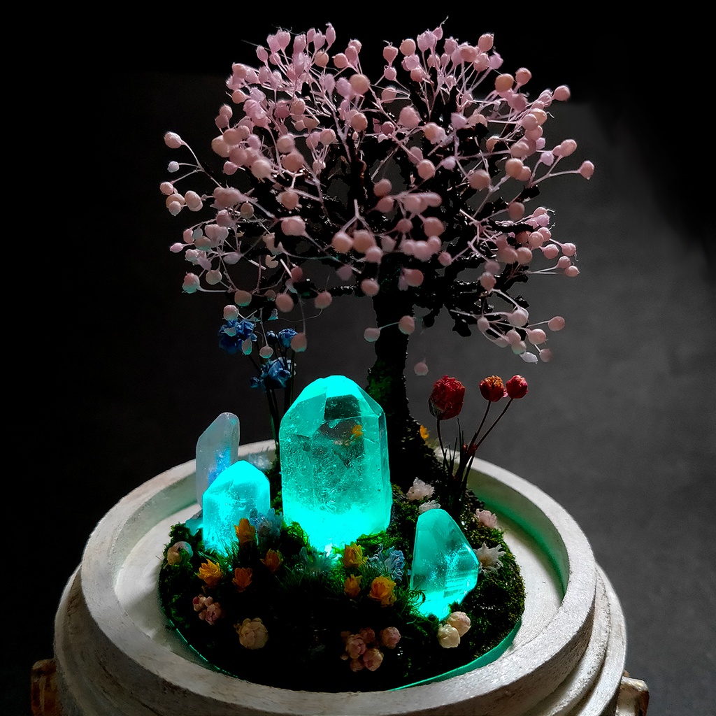 【期間限定・春】鉱物ランプ『結晶大地の春-桜の樹-』中・水晶・リモコン切替点灯