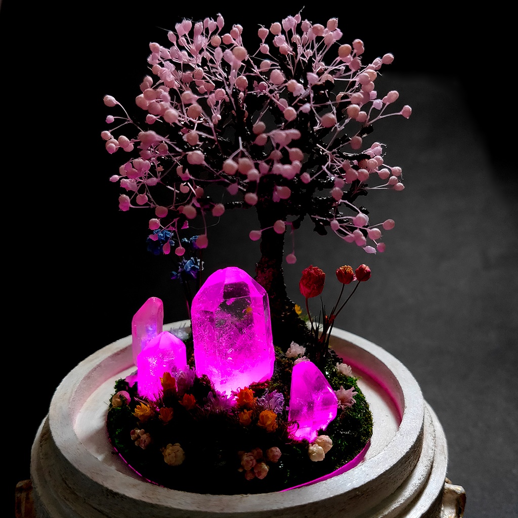 【期間限定・春】鉱物ランプ『結晶大地の春-桜の樹-』中・水晶・リモコン切替点灯