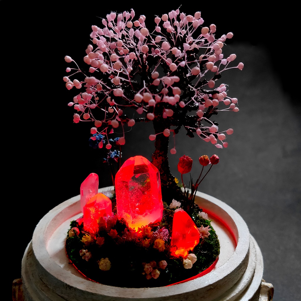 【期間限定・春】鉱物ランプ『結晶大地の春-桜の樹-』中・水晶・リモコン切替点灯