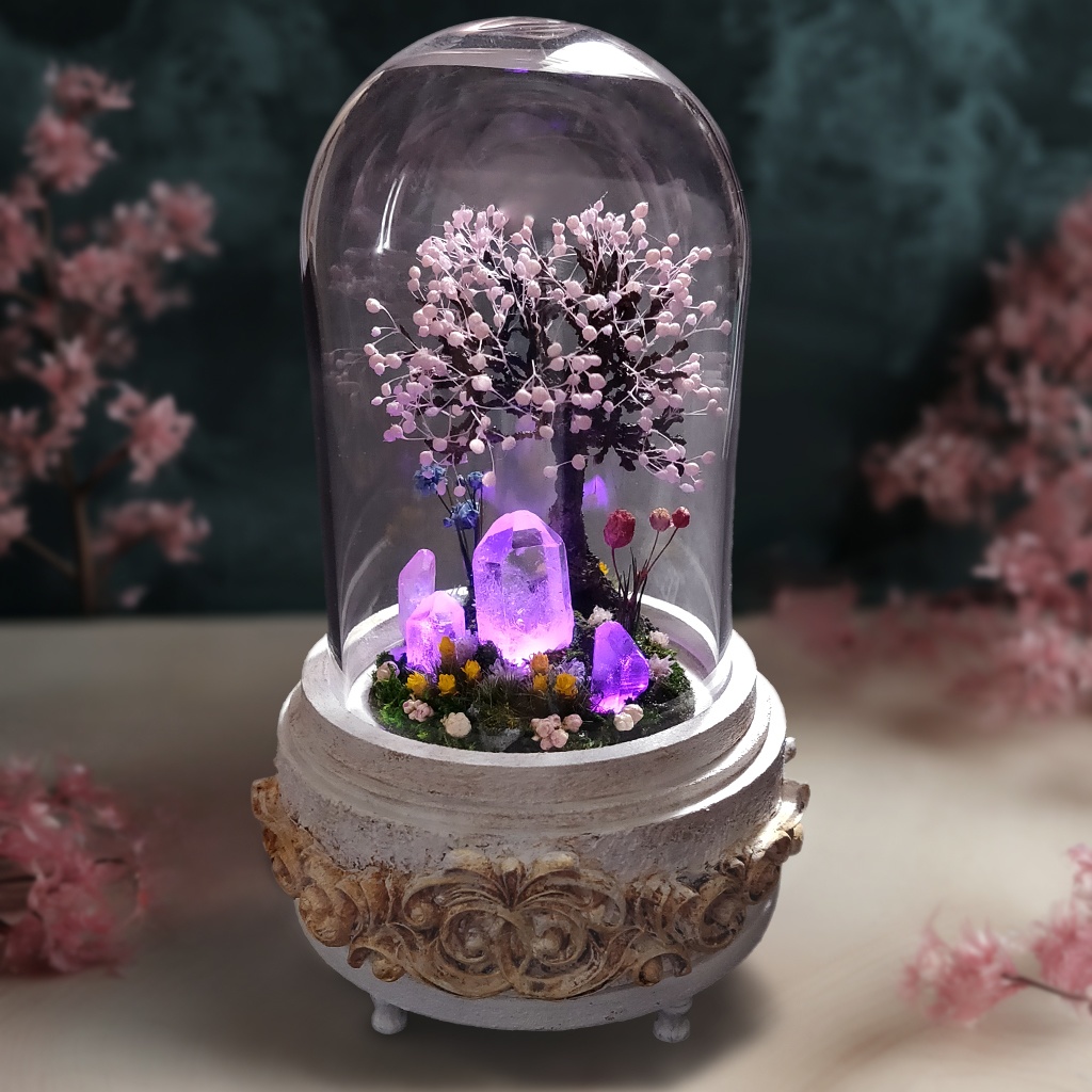 鉱物ランプ『結晶大地の春-桜の樹-』中・水晶・リモコン切替点灯