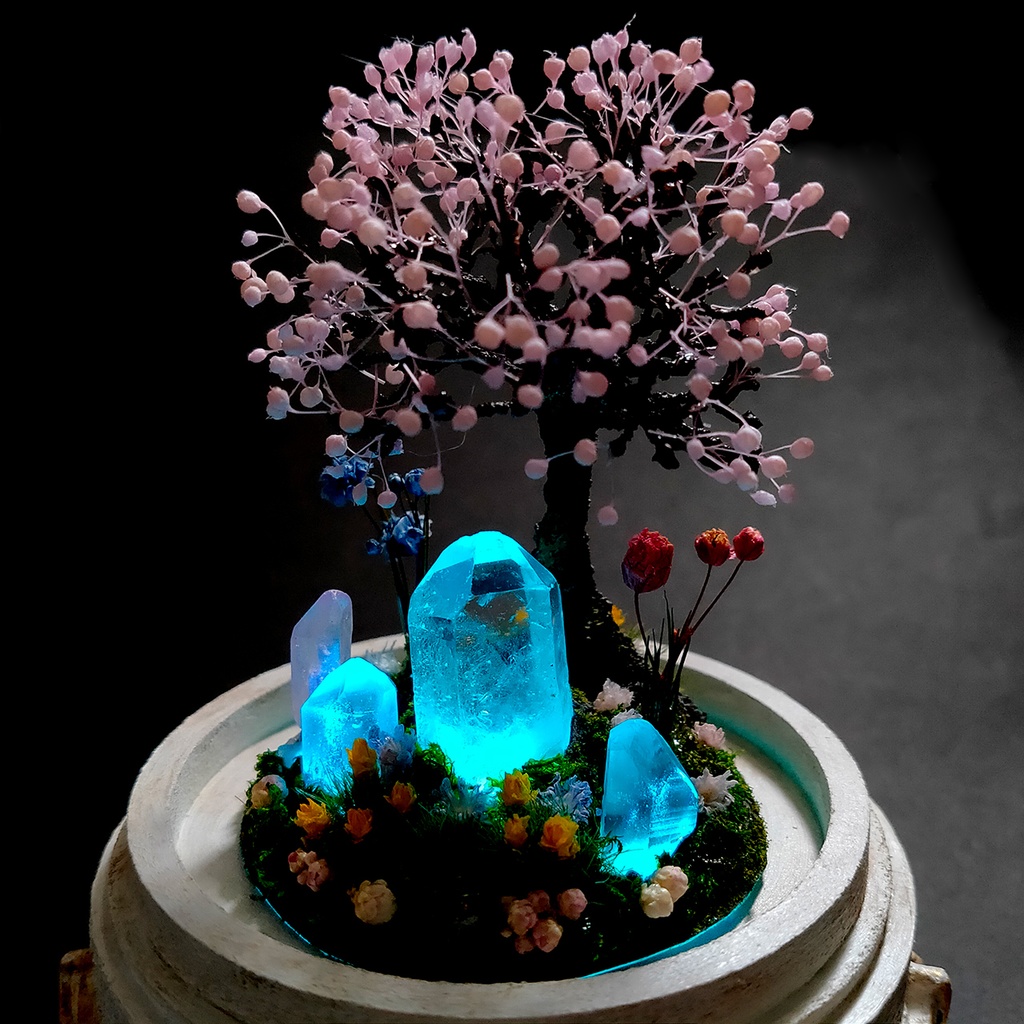 【期間限定・春】鉱物ランプ『結晶大地の春-桜の樹-』中・水晶・リモコン切替点灯