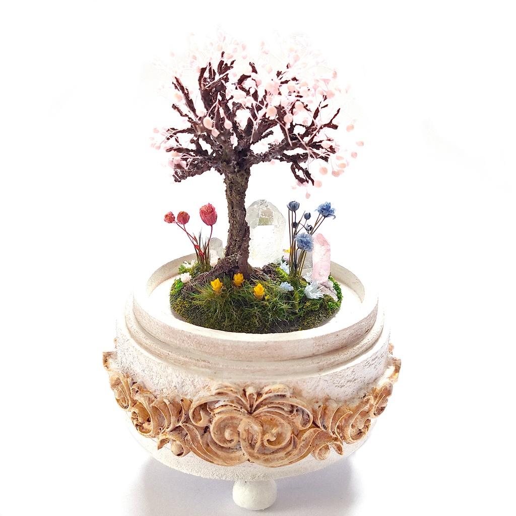 【期間限定・春】鉱物ランプ『結晶大地の春-桜の樹-』中・水晶・リモコン切替点灯