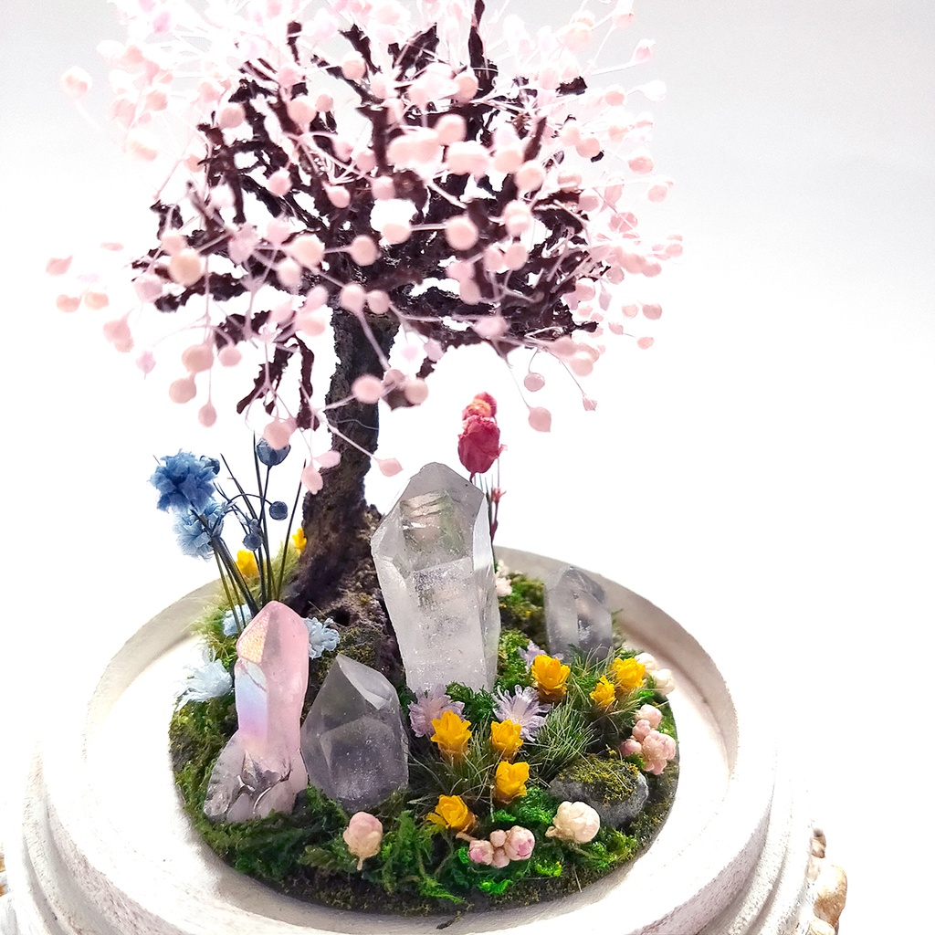 【期間限定・春】鉱物ランプ『結晶大地の春-桜の樹-』中・水晶・リモコン切替点灯