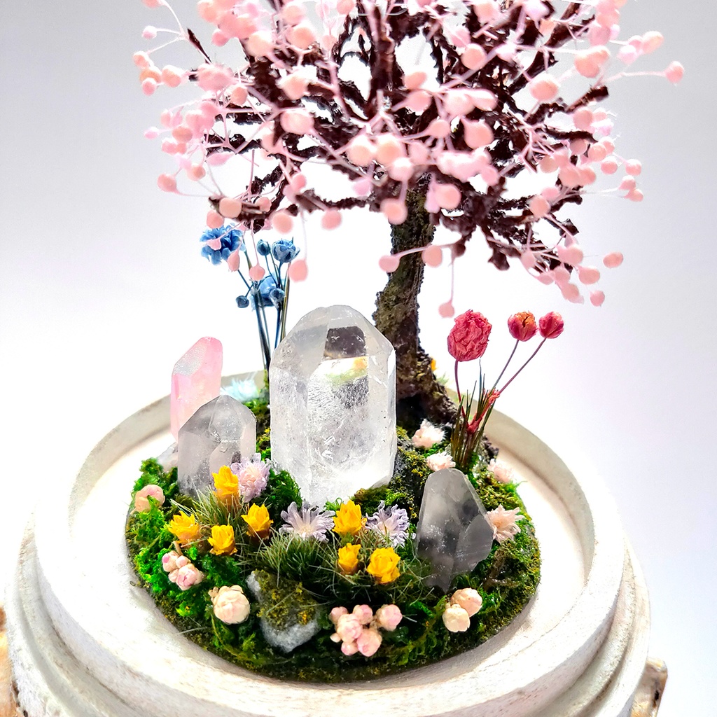 【期間限定・春】鉱物ランプ『結晶大地の春-桜の樹-』中・水晶・リモコン切替点灯