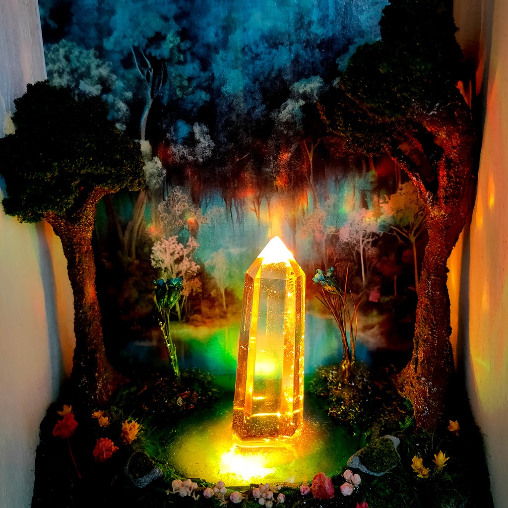 鉱物ランプ・箱型『結晶の森の泉』水晶・リモコン切替点灯