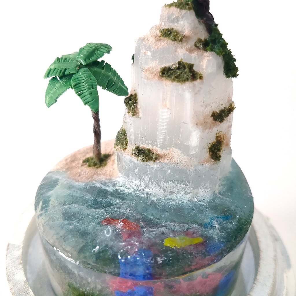 【期間限定・夏】鉱物ランプ『光る島と海』中・セレナイト・リモコン切替点灯