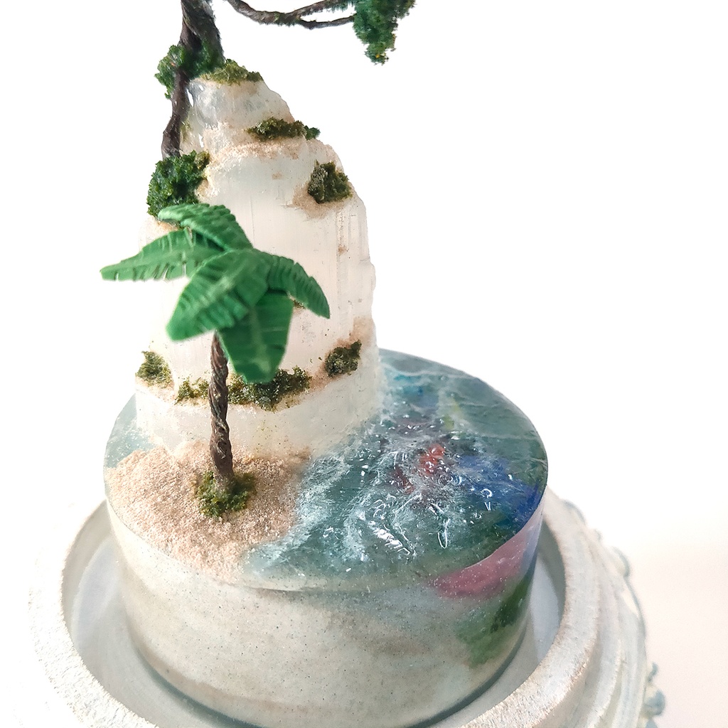 【期間限定・夏】鉱物ランプ『光る島と海』中・セレナイト・リモコン切替点灯