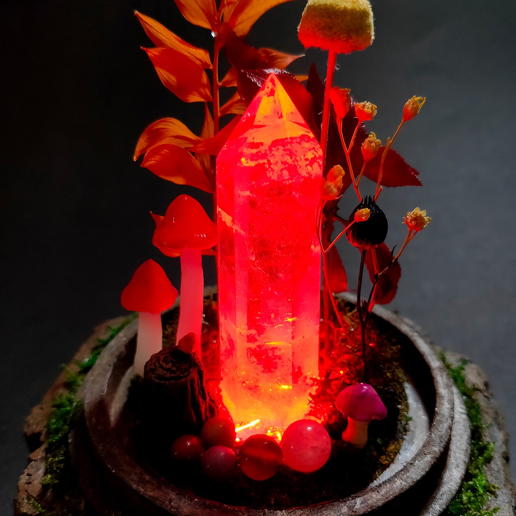 【期間限定・秋】鉱物ランプ『秋とキノコ』中・水晶・リモコン切替点灯