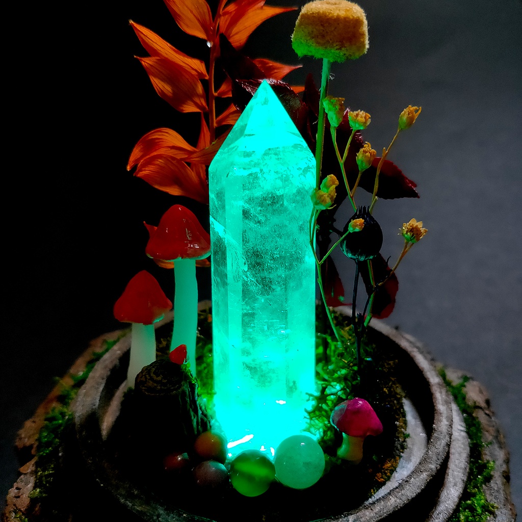 【期間限定・秋】鉱物ランプ『秋とキノコ』中・水晶・リモコン切替点灯