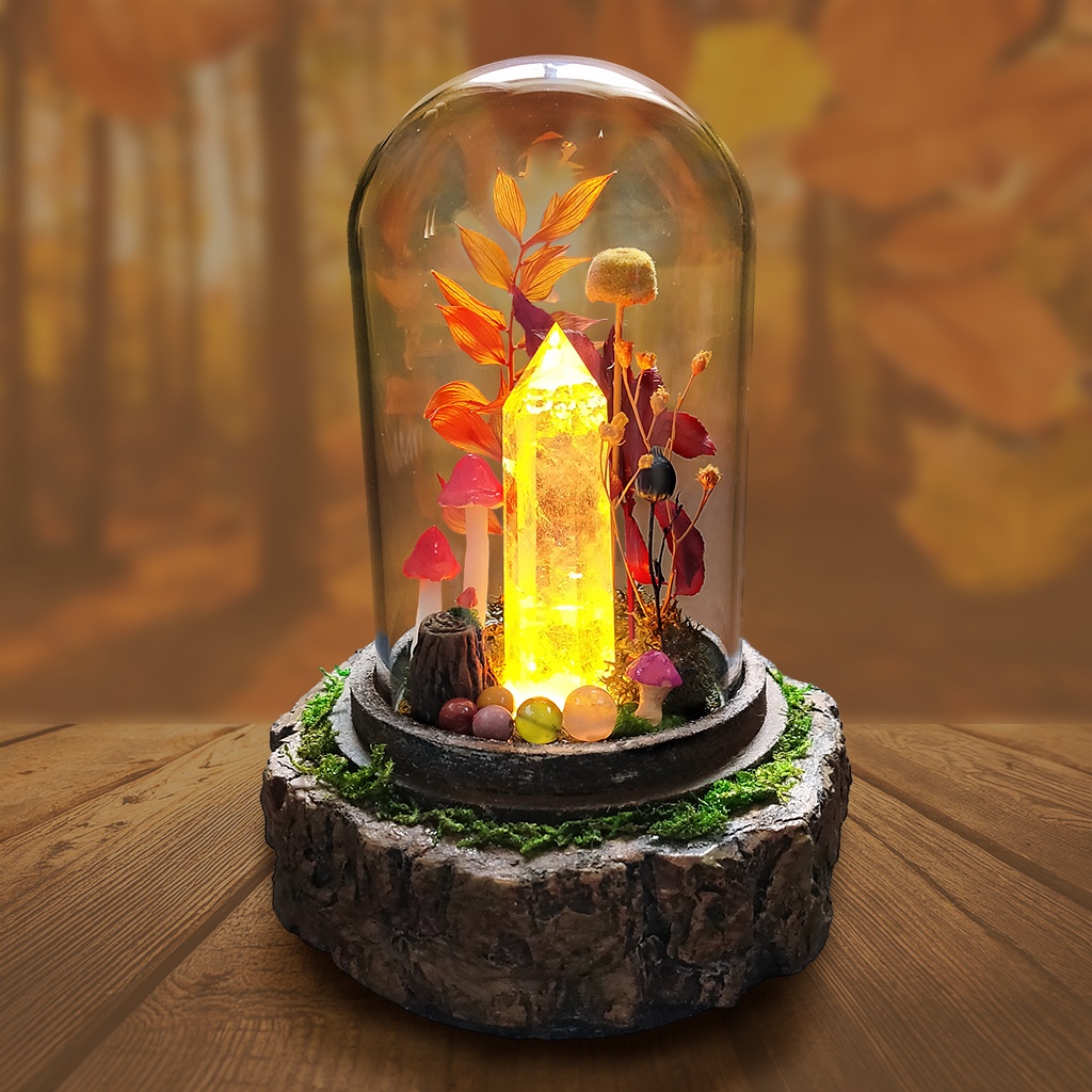【期間限定・秋】鉱物ランプ『秋とキノコ』中・水晶・リモコン切替点灯