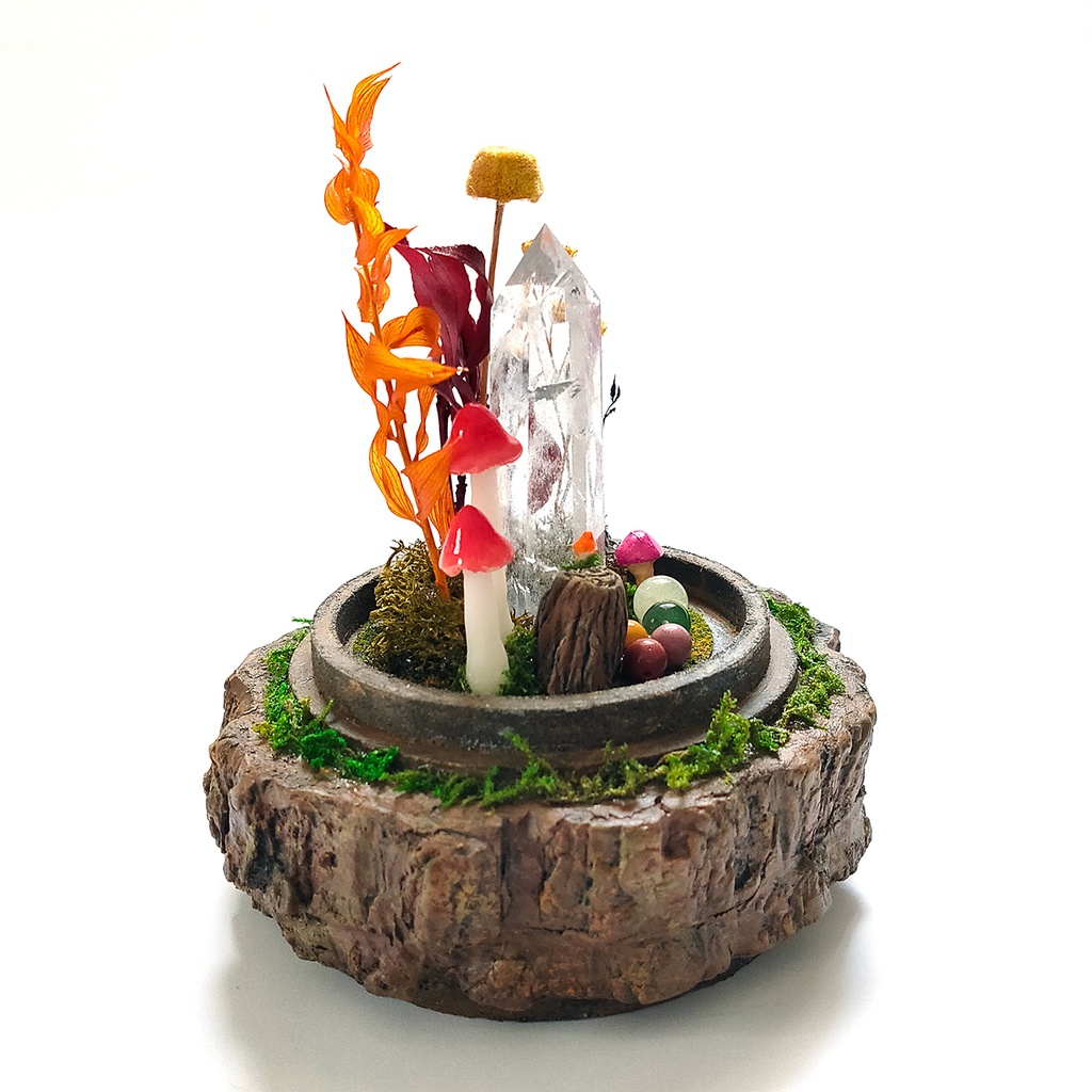 【期間限定・秋】鉱物ランプ『秋とキノコ』中・水晶・リモコン切替点灯