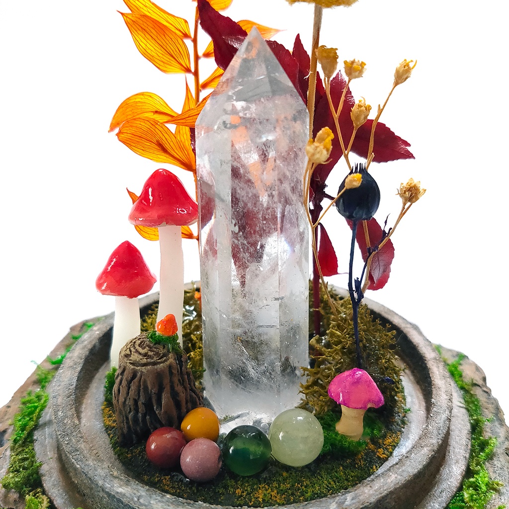 【期間限定・秋】鉱物ランプ『秋とキノコ』中・水晶・リモコン切替点灯