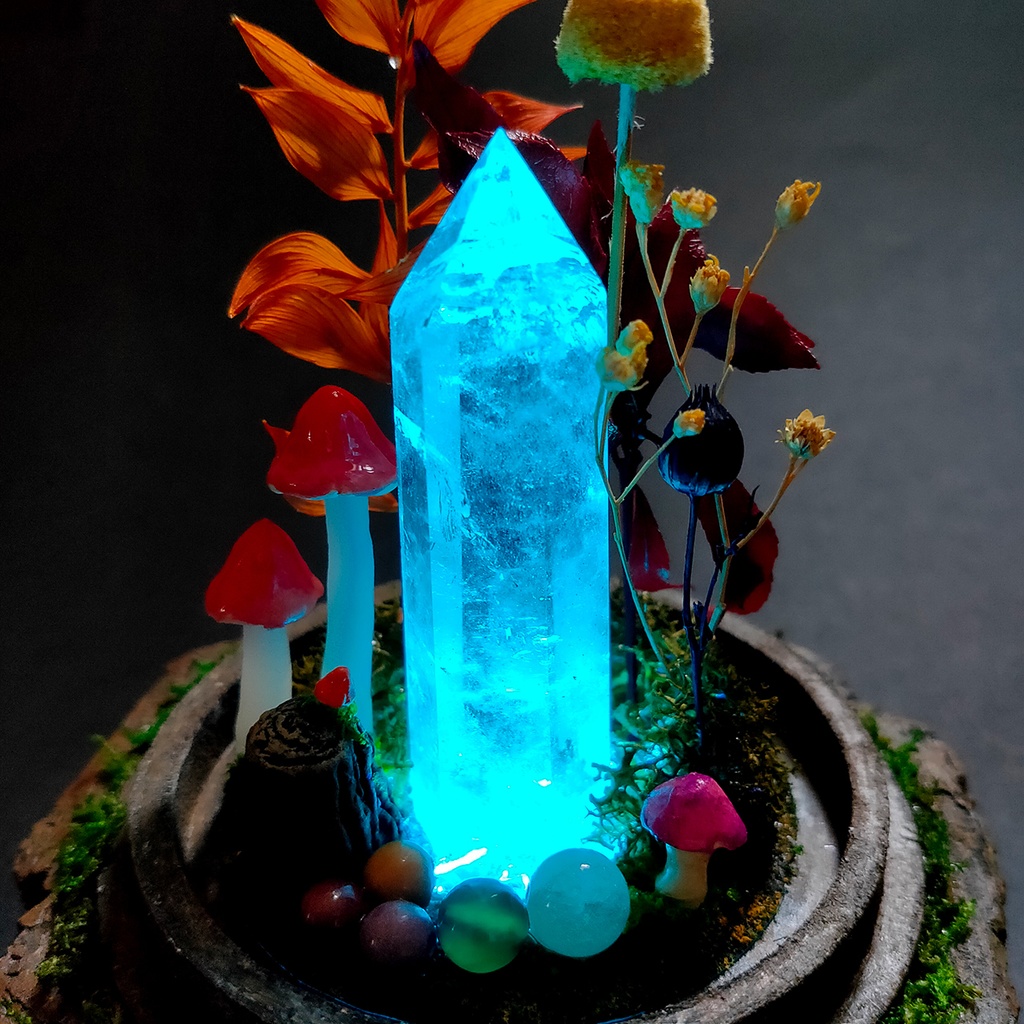 【期間限定・秋】鉱物ランプ『秋とキノコ』中・水晶・リモコン切替点灯