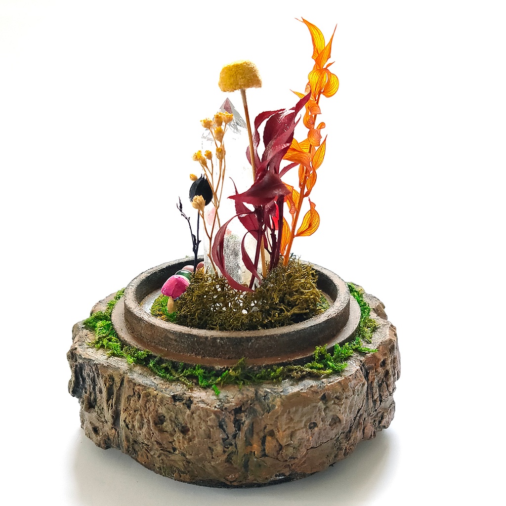 【期間限定・秋】鉱物ランプ『秋とキノコ』中・水晶・リモコン切替点灯