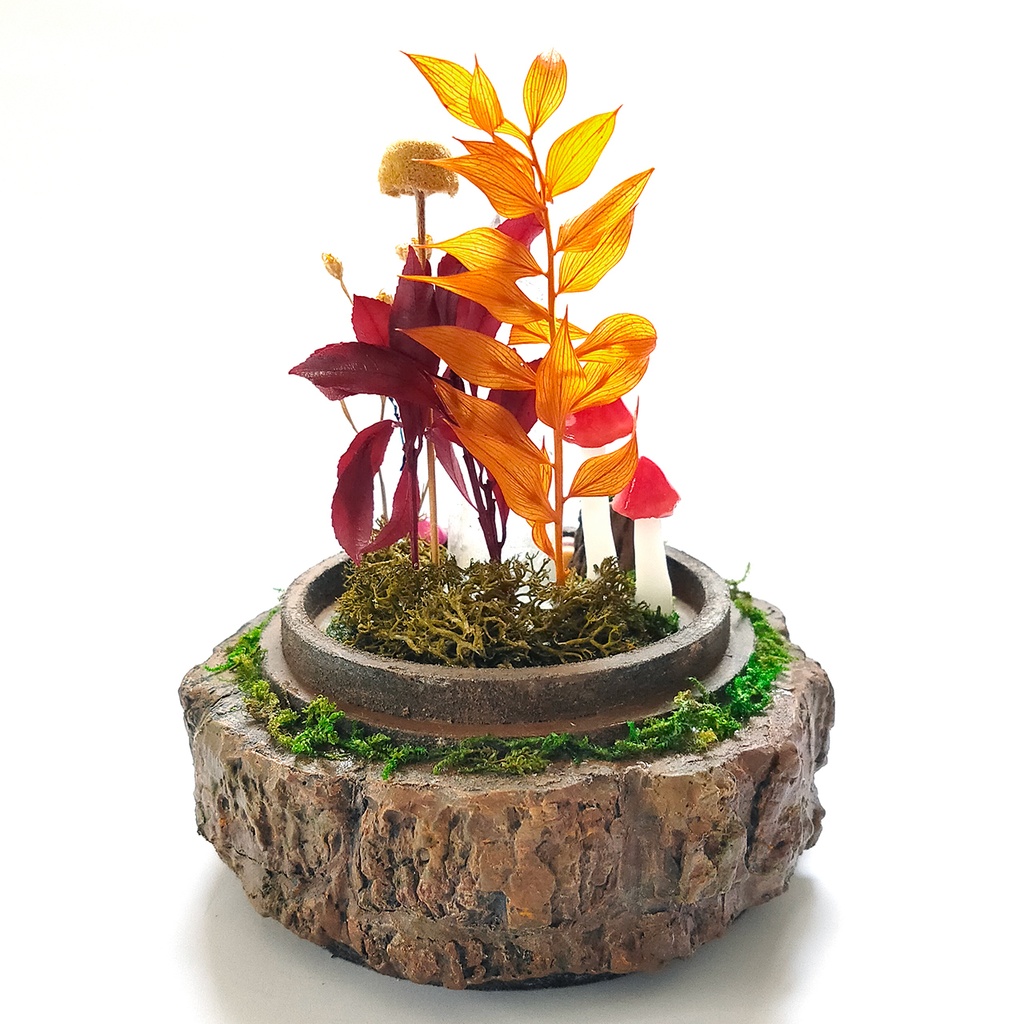 【期間限定・秋】鉱物ランプ『秋とキノコ』中・水晶・リモコン切替点灯