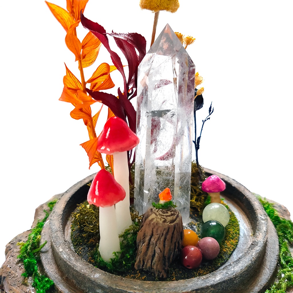 【期間限定・秋】鉱物ランプ『秋とキノコ』中・水晶・リモコン切替点灯