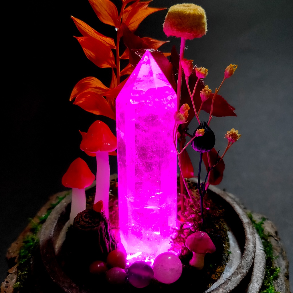 【期間限定・秋】鉱物ランプ『秋とキノコ』中・水晶・リモコン切替点灯