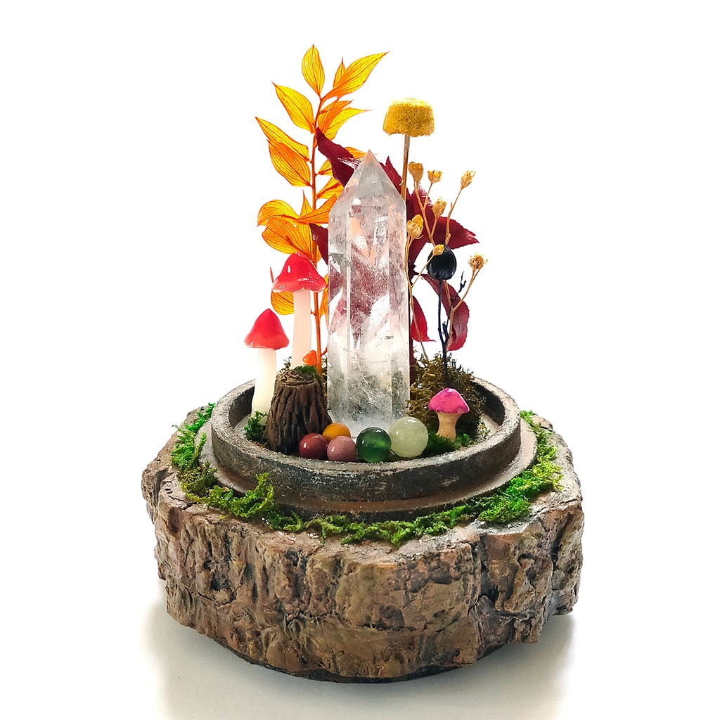 【期間限定・秋】鉱物ランプ『秋とキノコ』中・水晶・リモコン切替点灯