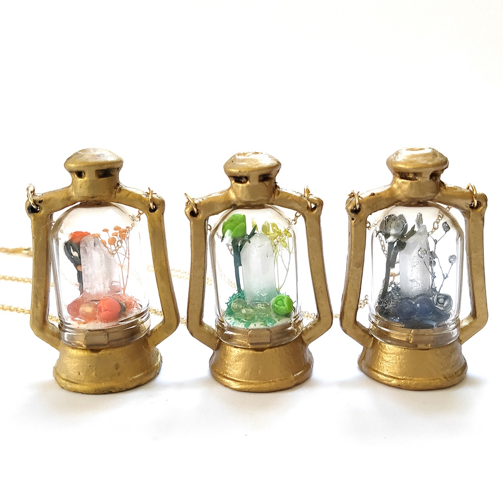 「誕生石×色」ランプ型ライトネックレス『オレンジ、黄緑、シルバー』