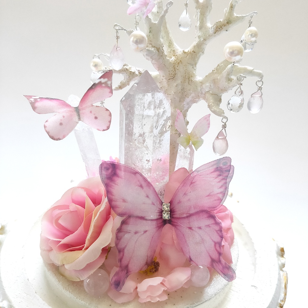 鉱物ランプ『蝶と花のブーケ-ピンク-』大・水晶・リモコン切替点灯