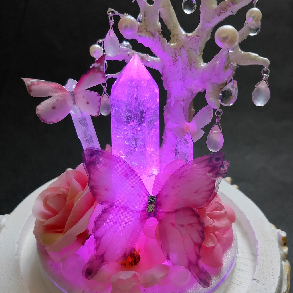 鉱物ランプ『蝶と花のブーケ-ピンク-』大・水晶・リモコン切替点灯