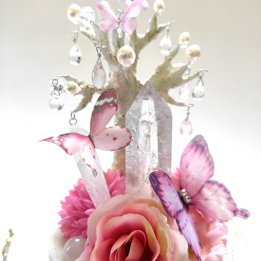 鉱物ランプ『蝶と花のブーケ-ピンク-』大・水晶・リモコン切替点灯