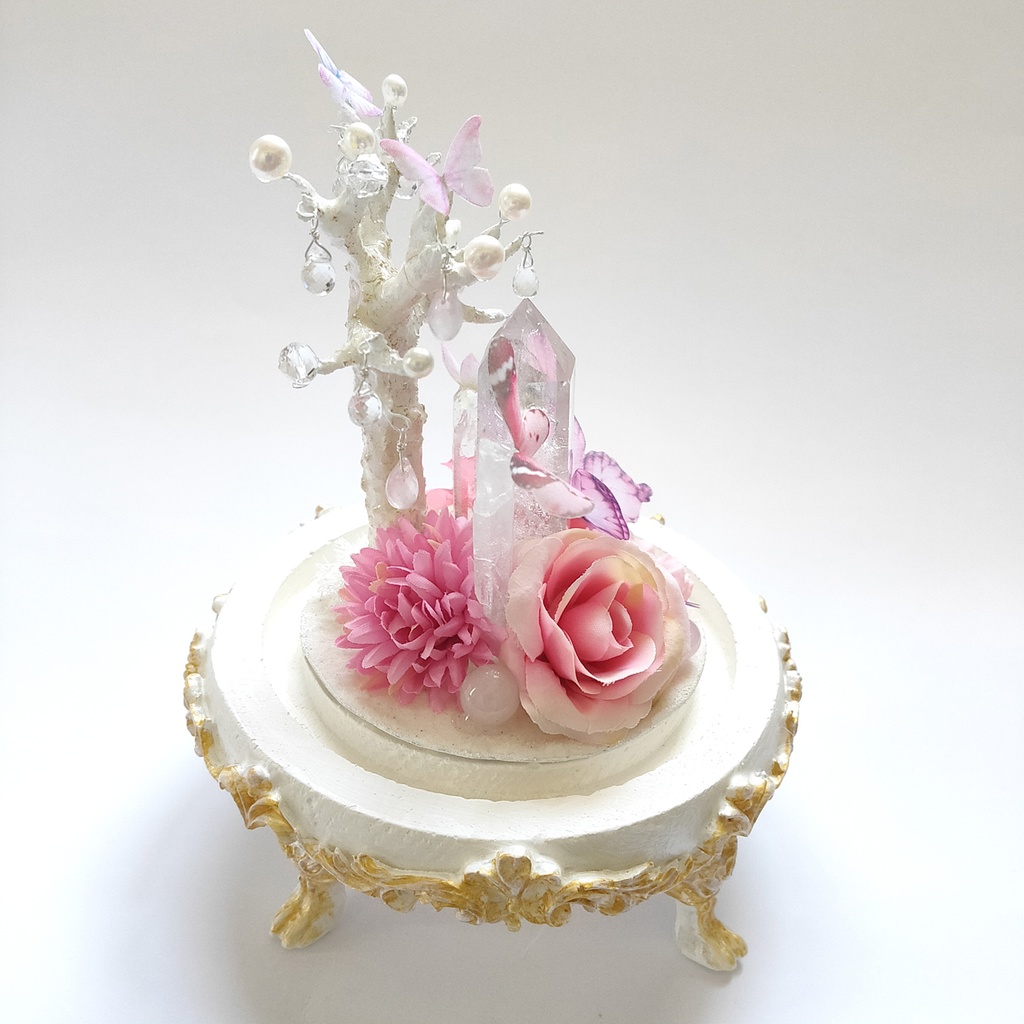 鉱物ランプ『蝶と花のブーケ-ピンク-』大・水晶・リモコン切替点灯