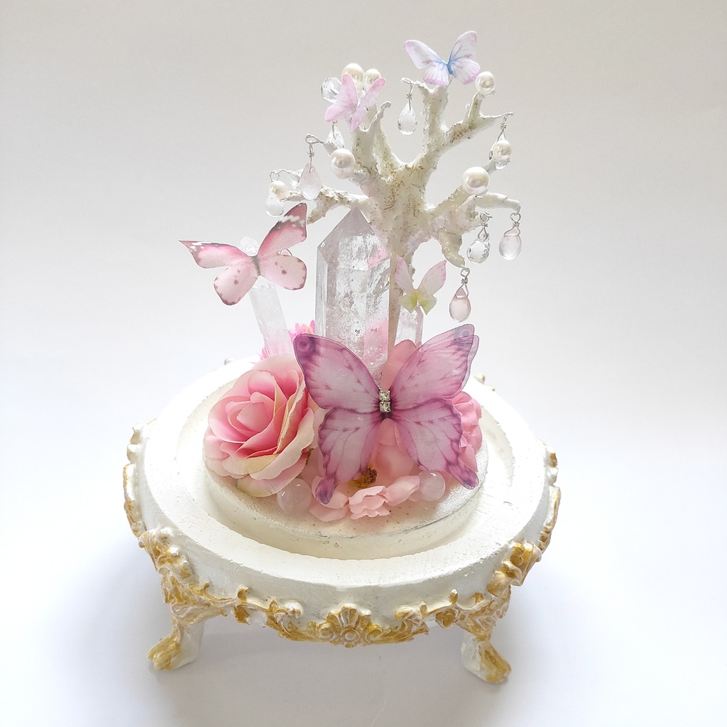 鉱物ランプ『蝶と花のブーケ-ピンク-』大・水晶・リモコン切替点灯
