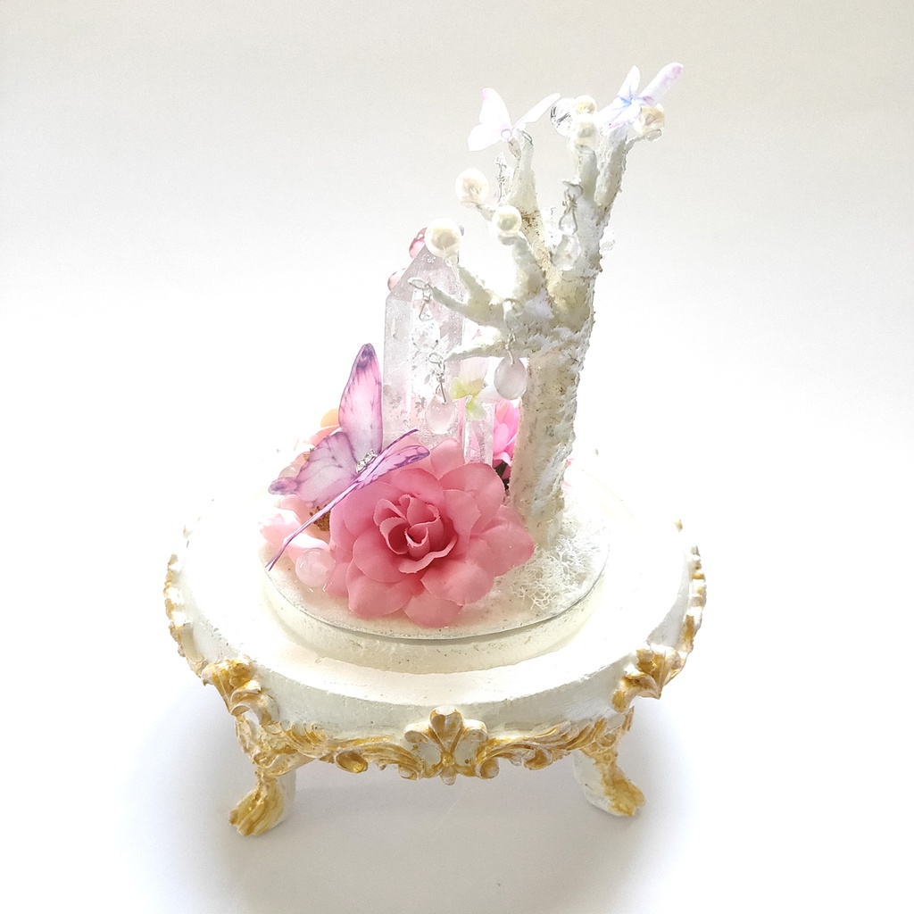 鉱物ランプ『蝶と花のブーケ-ピンク-』大・水晶・リモコン切替点灯