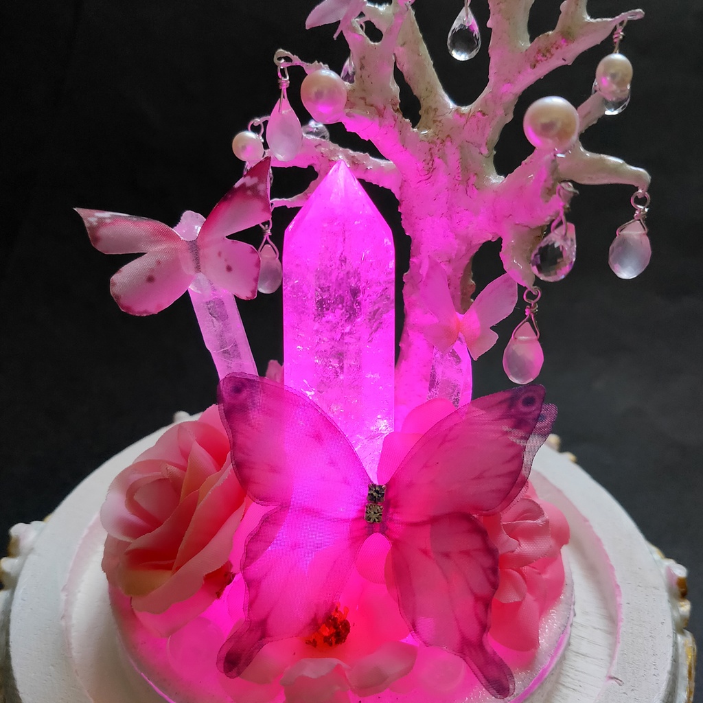 鉱物ランプ『蝶と花のブーケ-ピンク-』大・水晶・リモコン切替点灯