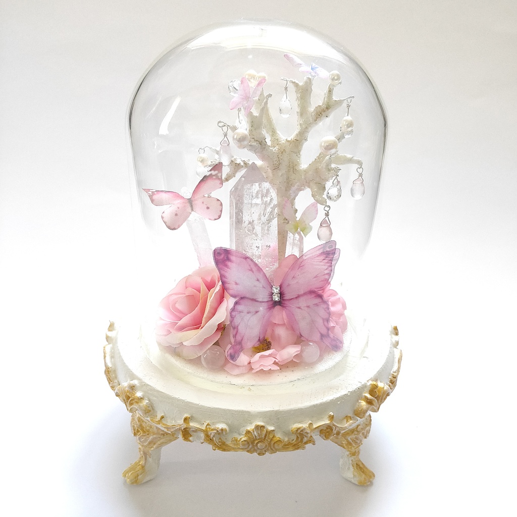 鉱物ランプ『蝶と花のブーケ-ピンク-』大・水晶・リモコン切替点灯