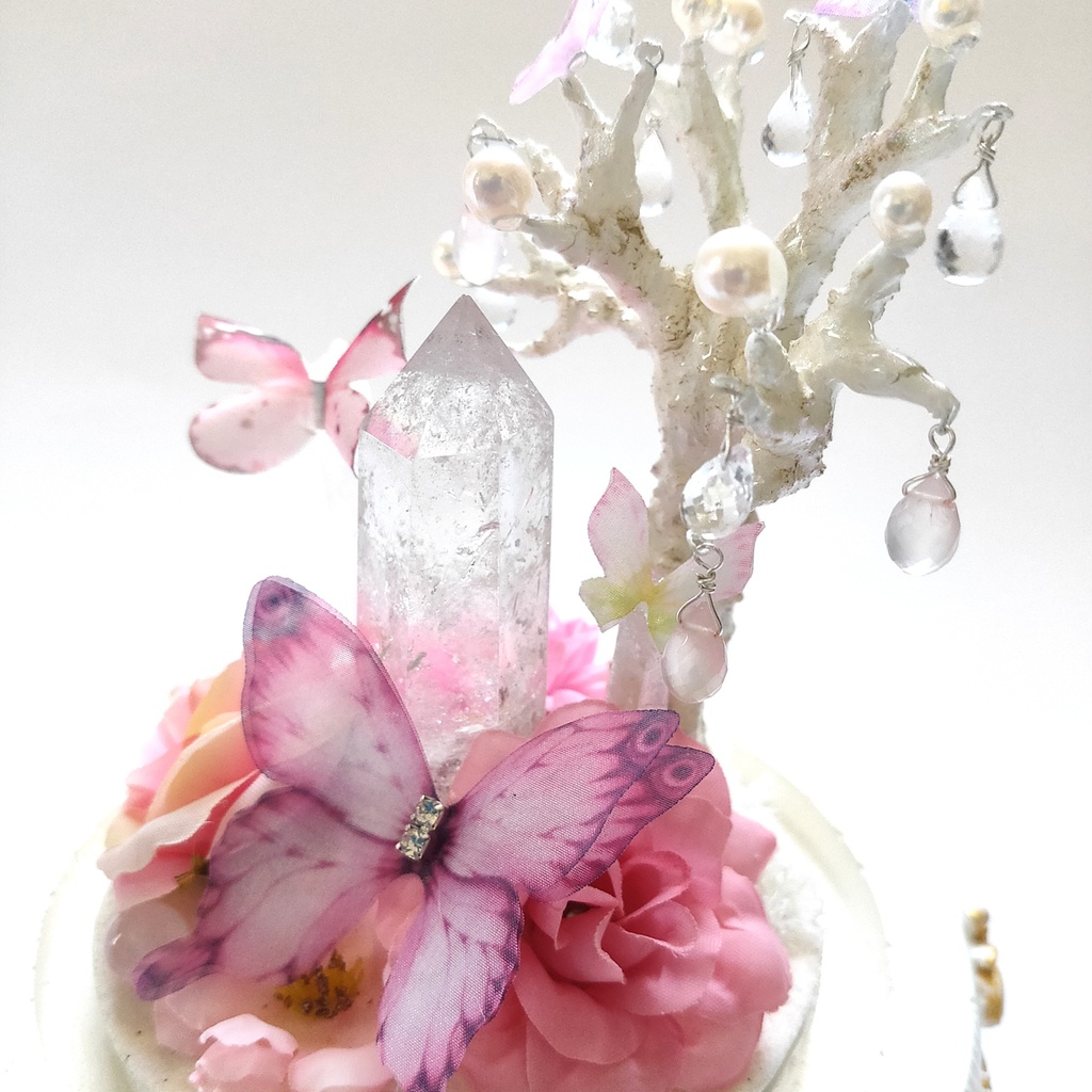 鉱物ランプ『蝶と花のブーケ-ピンク-』大・水晶・リモコン切替点灯