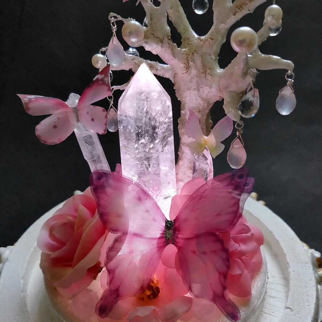 鉱物ランプ『蝶と花のブーケ-ピンク-』大・水晶・リモコン切替点灯