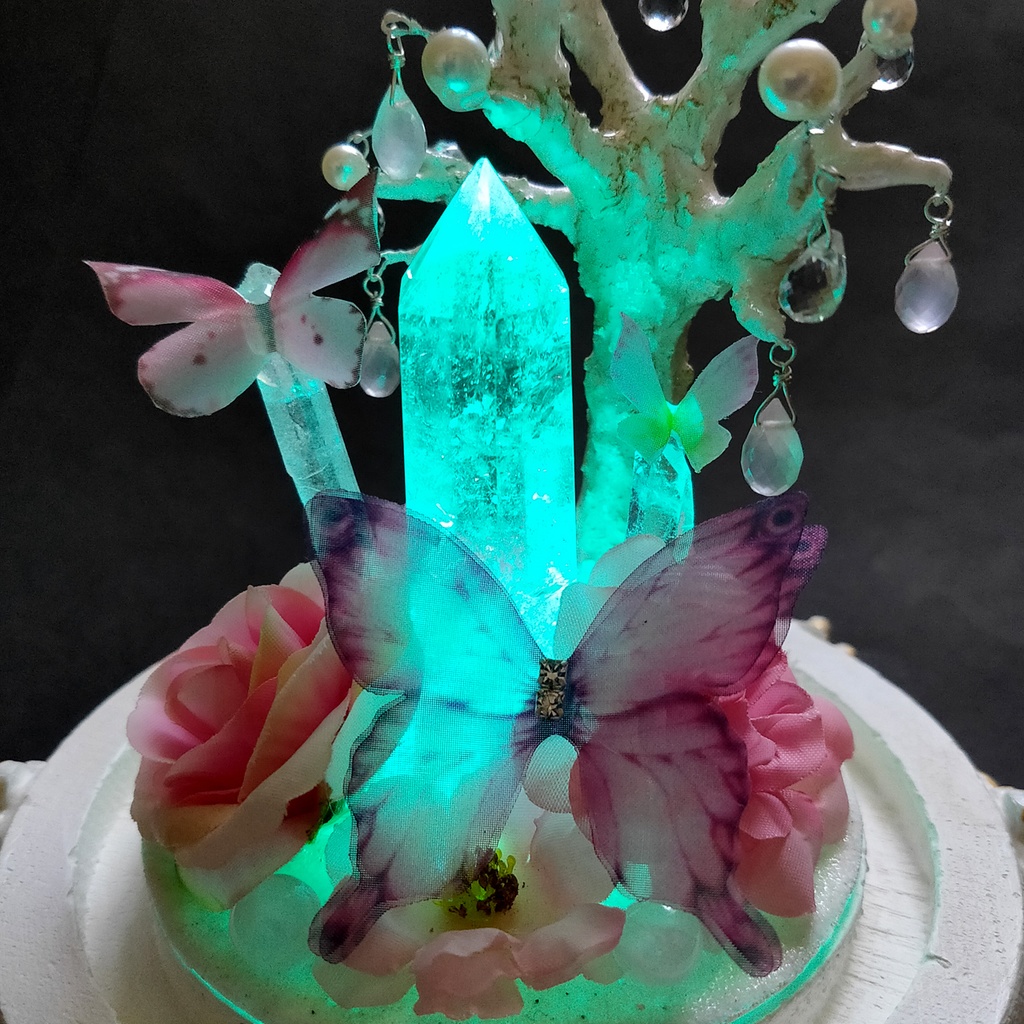 鉱物ランプ『蝶と花のブーケ-ピンク-』大・水晶・リモコン切替点灯