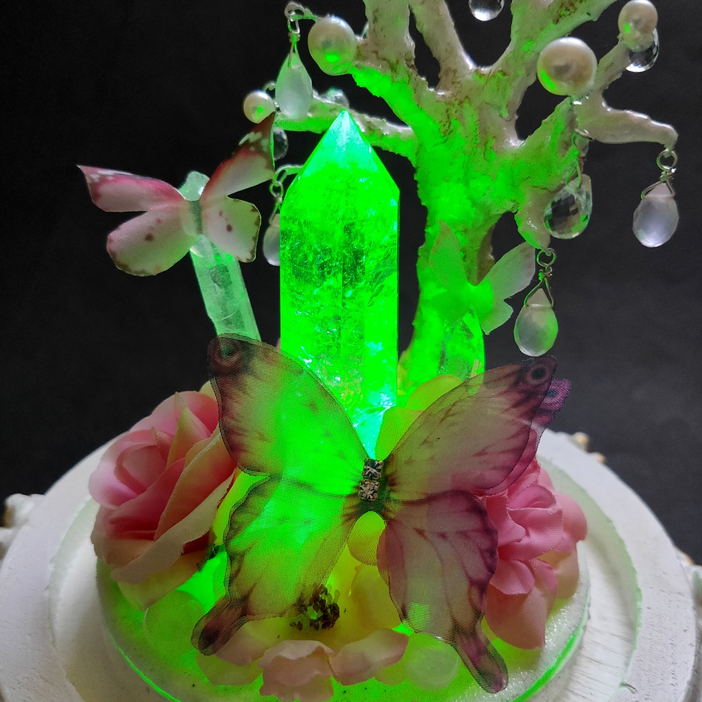 鉱物ランプ『蝶と花のブーケ-ピンク-』大・水晶・リモコン切替点灯