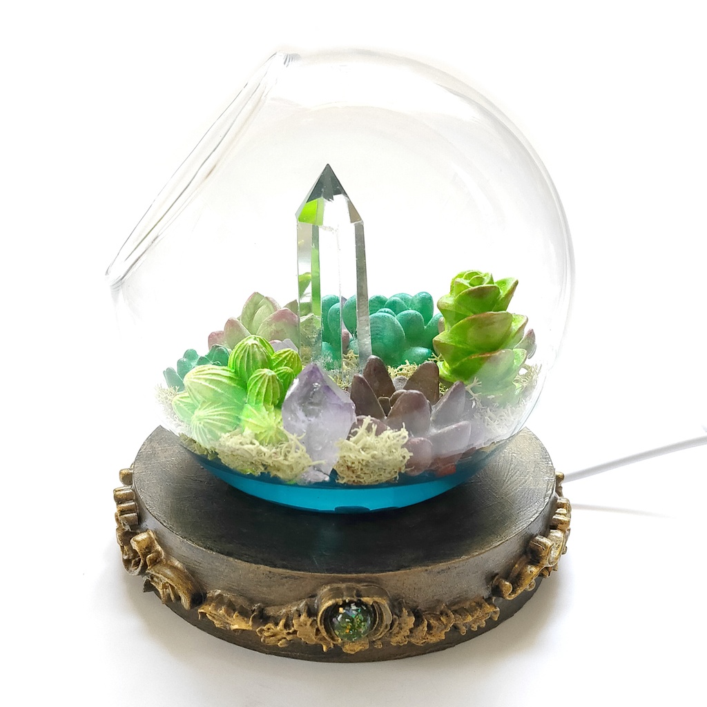 鉱物ランプ『多肉植物と結晶のドーム』水晶・USB給電リモコン切替点灯