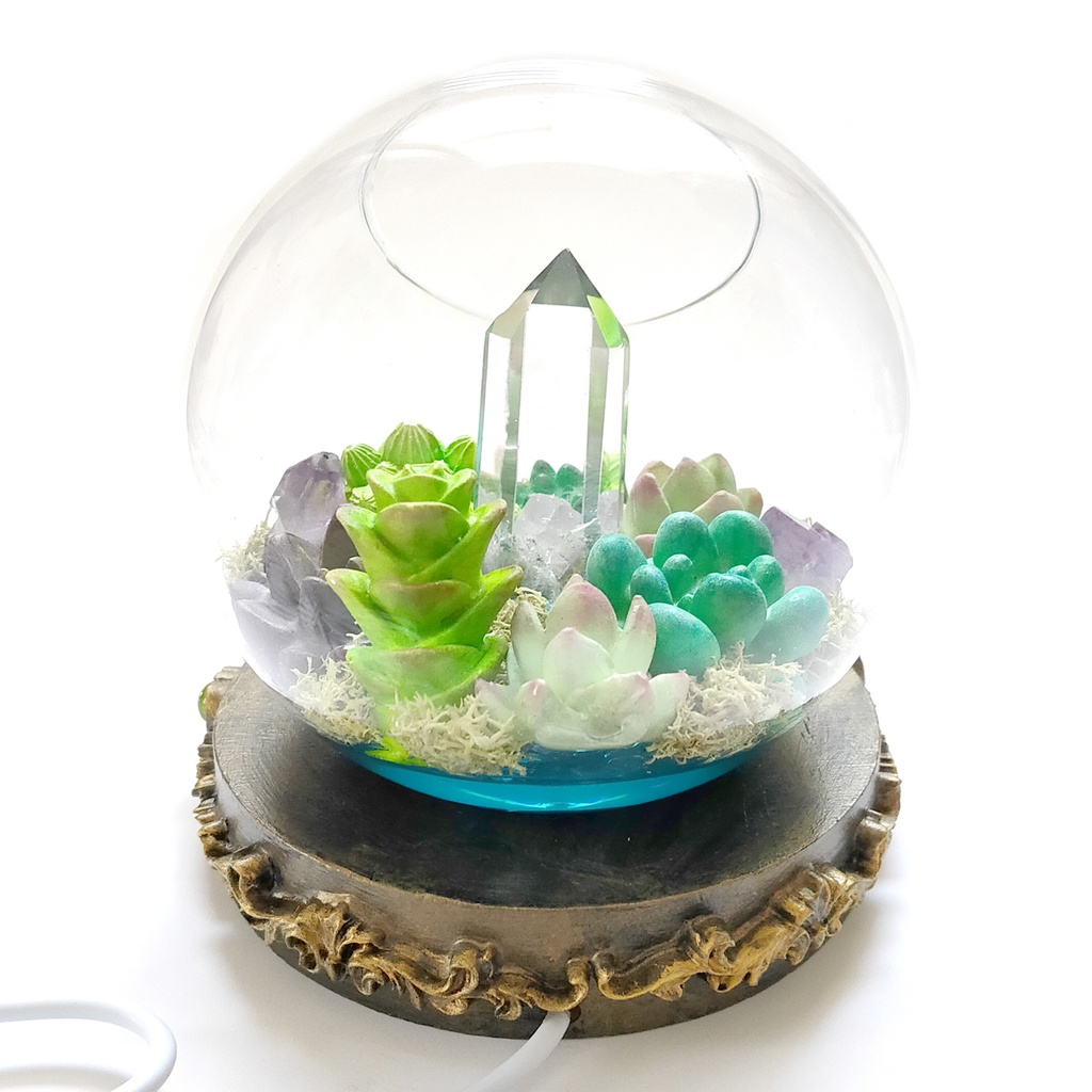 鉱物ランプ『多肉植物と結晶のドーム』水晶・USB給電リモコン切替点灯