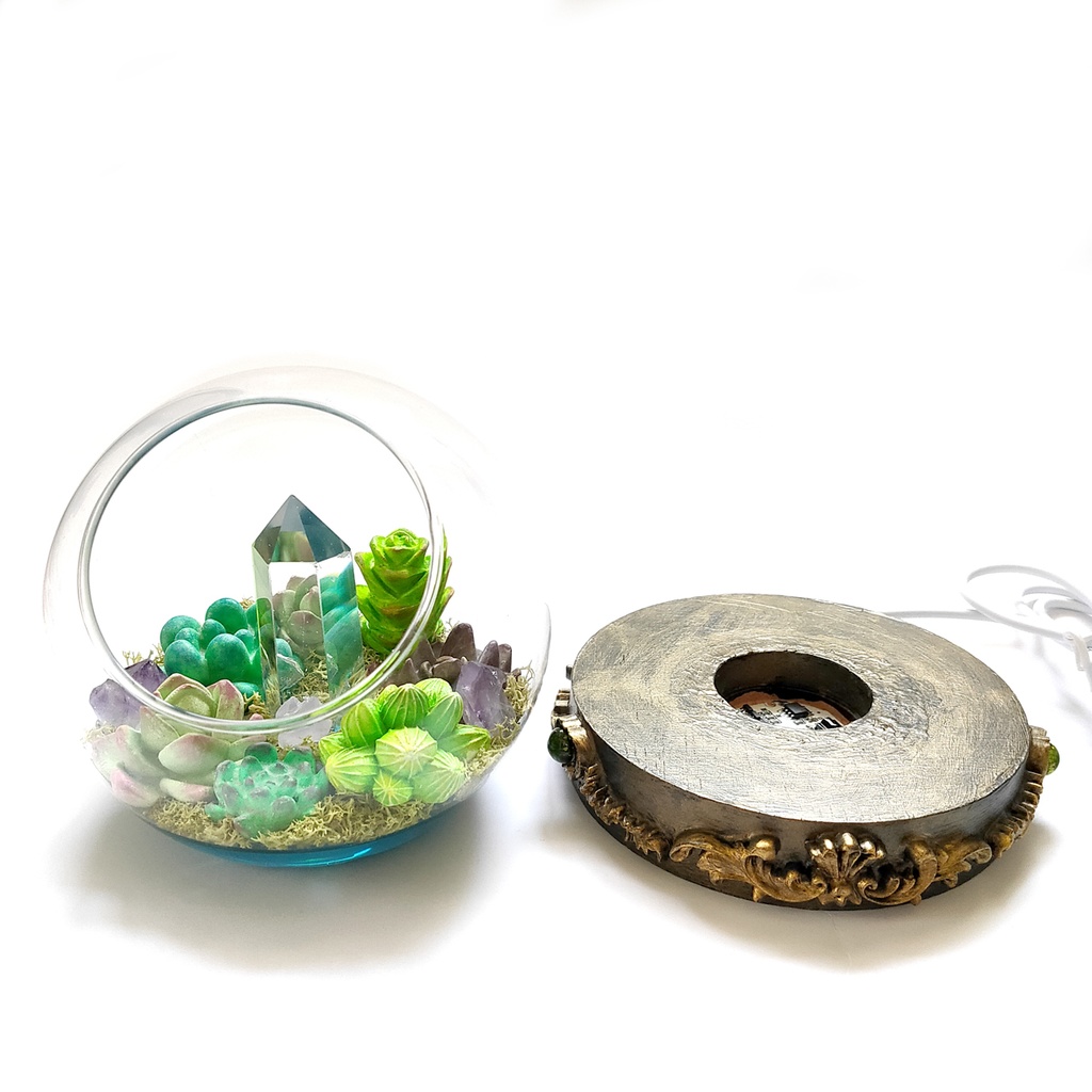 鉱物ランプ『多肉植物と結晶のドーム』水晶・USB給電リモコン切替点灯
