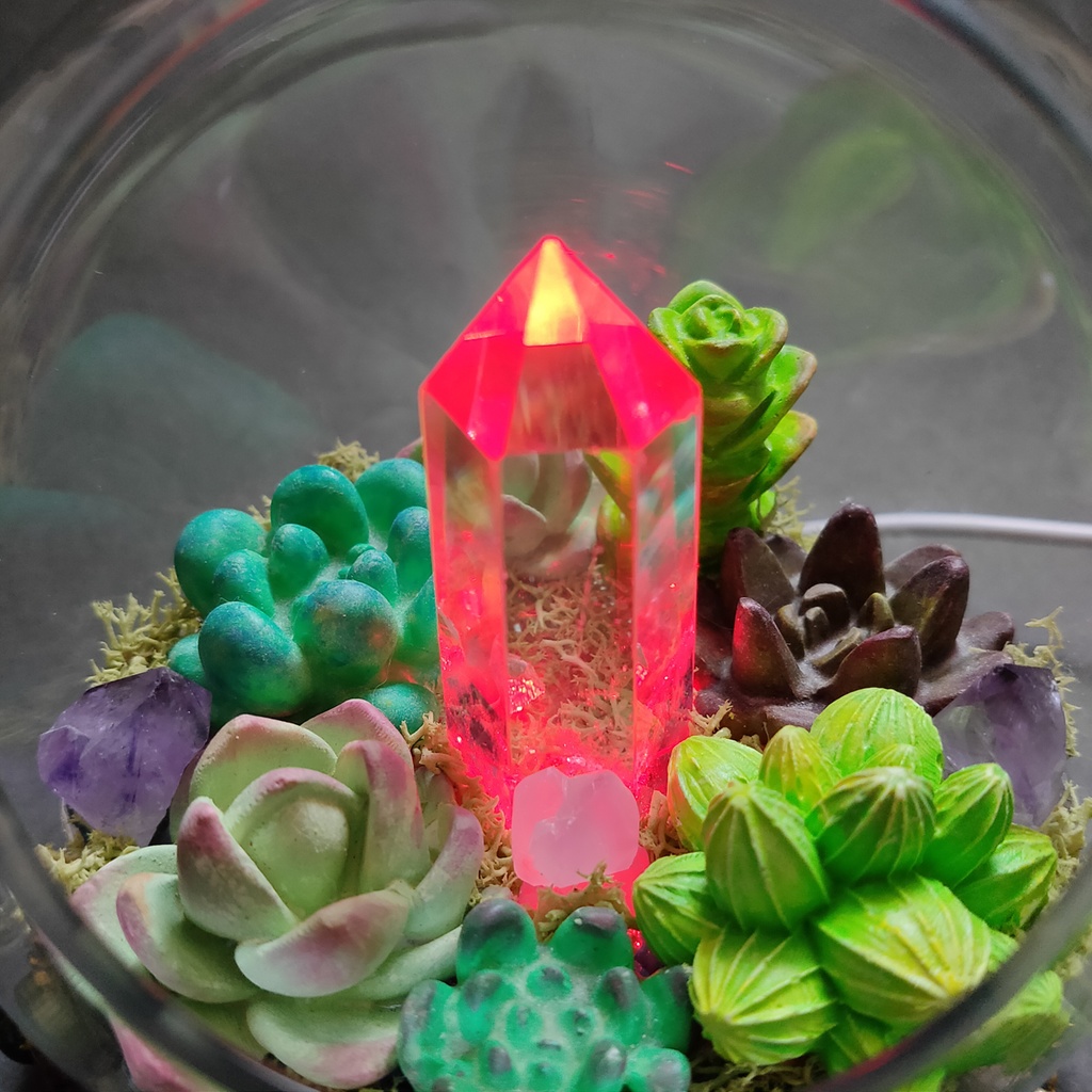 鉱物ランプ『多肉植物と結晶のドーム』水晶・USB給電リモコン切替点灯